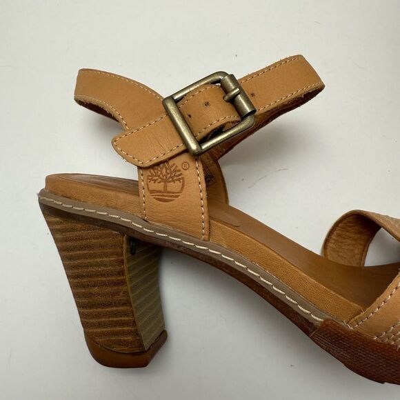 Timberland Womens Sz 8.5 Sandals Heels Tan Leather Ankle Strap Open Toe - Picture 6 of 10